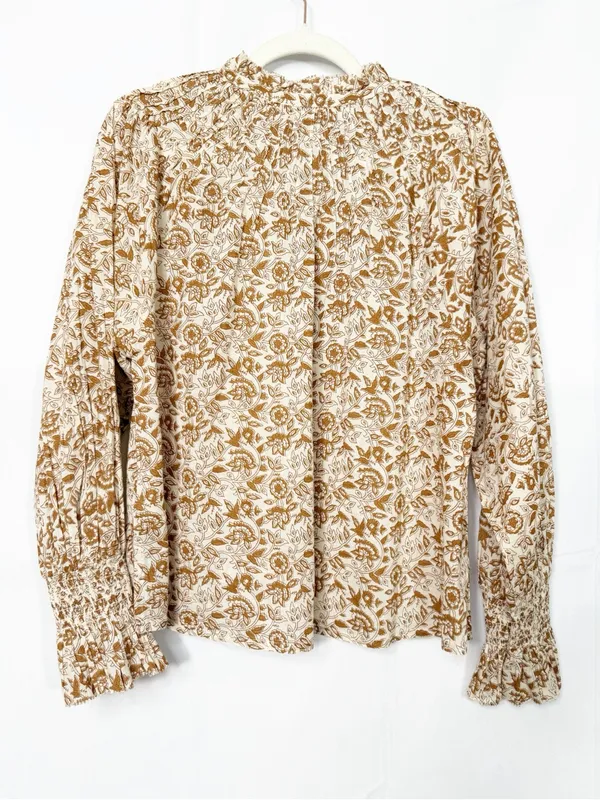Cleobella Reza Blouse Peasant Tamil Block Print Floral Cotton Boho Brown Ivory - Image 4