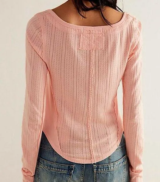 NWT FREE PEOPLE We The Free Eyes On You Pointelle Long Sleeve Top Rose Blush XL - Image 3