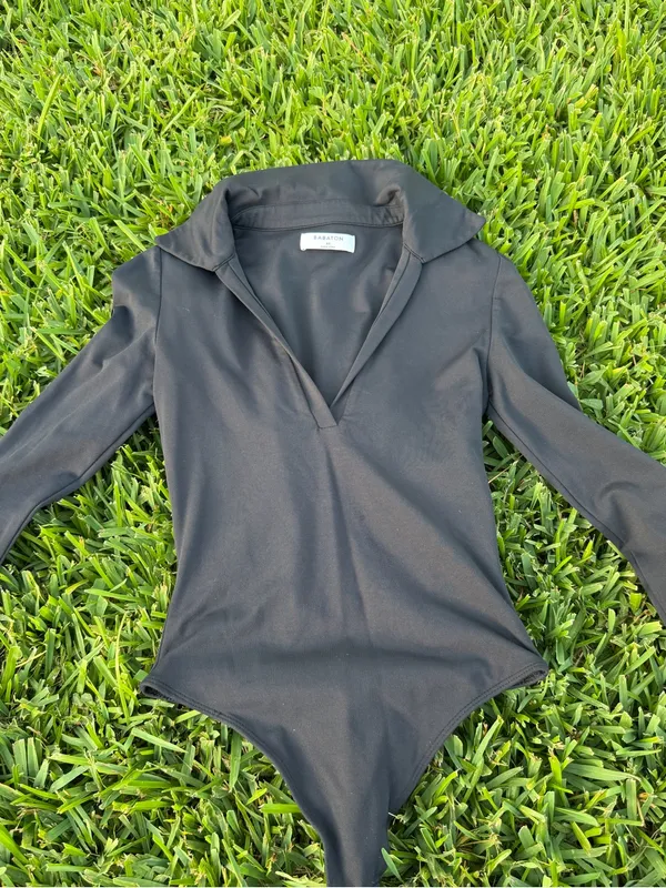 Aritzia Babaton Contour Polo Long Sleeve Bodysuit Black XS Double Layer - Image 7