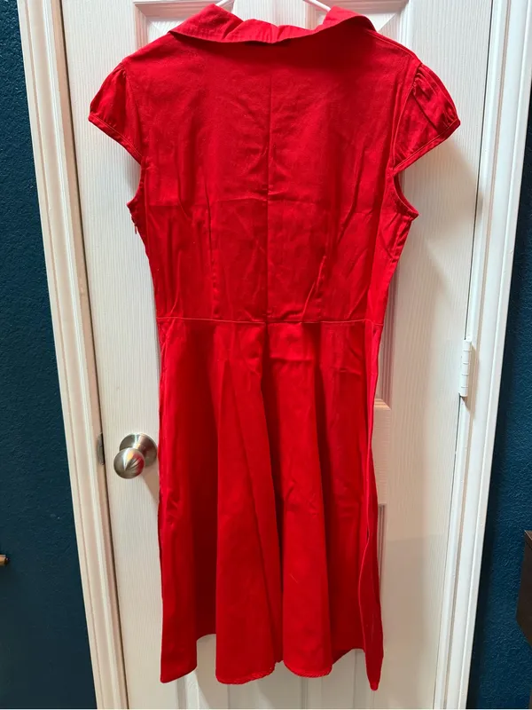 Vintage size L women’s Red Ruffle Front Dress with Heart Buttons - Image 5