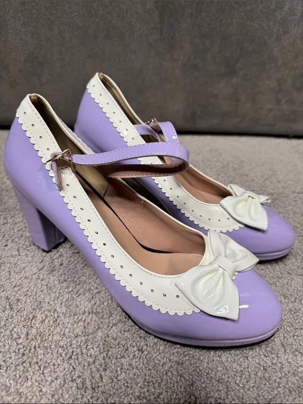 Women’s Purple Chunky Heel Mary Jane Pumps Cute Bow Round Toe Size 10 (EU42) NEW - Image 2