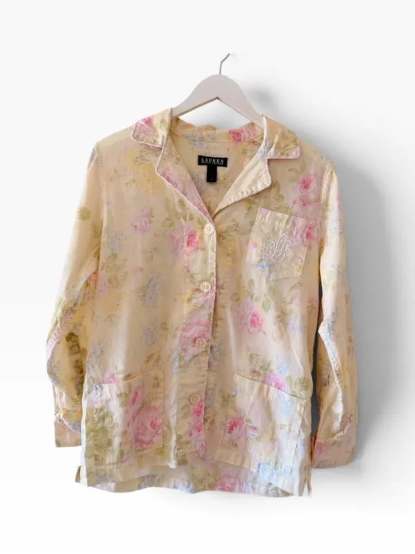 Lauren Ralph Lauren Blue Yellow Pink Floral Embroidered pajama set SZ M #2670 - Image 2