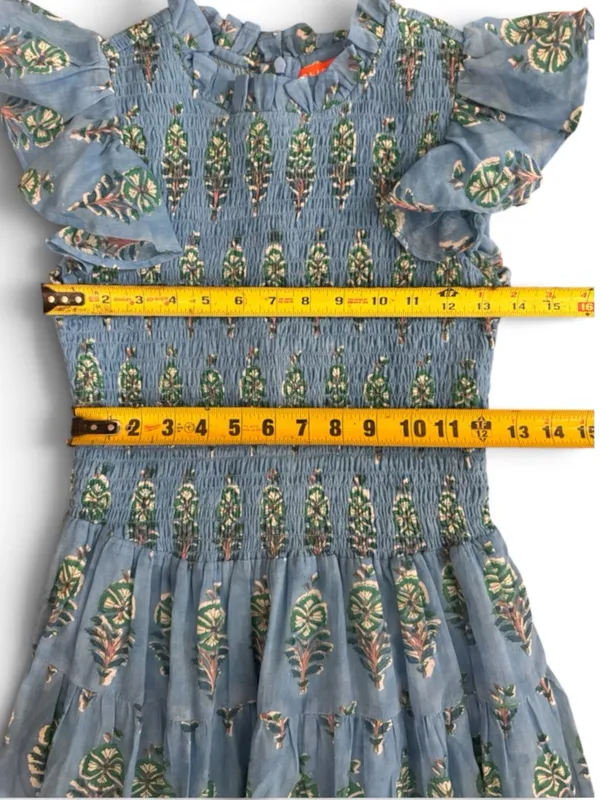 OLIPHANT 100% Cotton Smocked Flirty Ruffle Blue Block Print | Size Small - Image 16