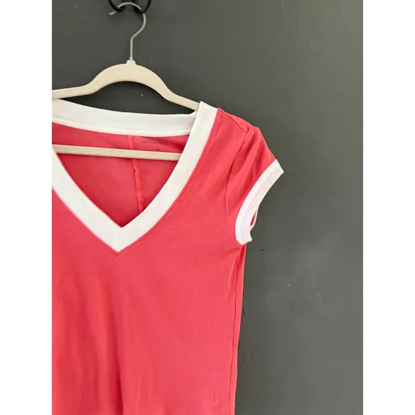 Pilcro Womens Coral Pink Ribbed V-Neck Ringer Tee Short Sleeve Top Small - Image 2