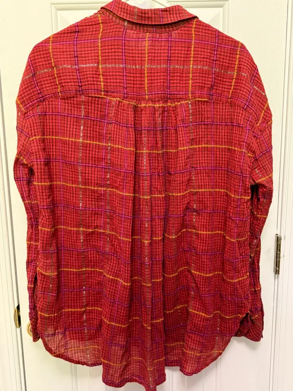 Free People Break My Stride Plaid Gauze Button Up Oversized Boho Festival XS - Image 4