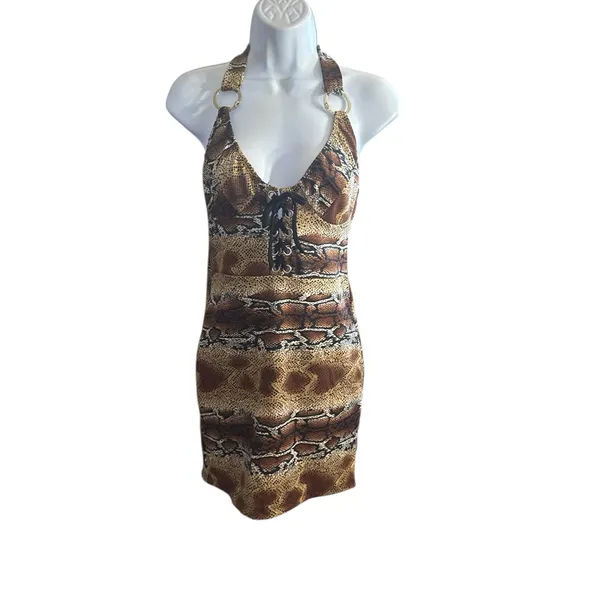New Women's Switchblade Stiletto Snake-Print 🐍 Lace Up Halter Mini Dress Medium - Image 4