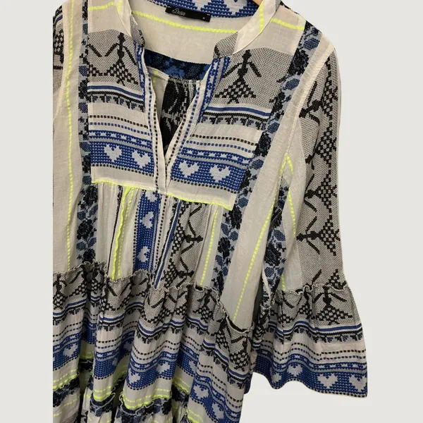Devotion Twins Ella Dress Blue White Neon Yellow Embroidered Tiered Tunic Medium - Image 3