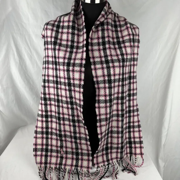 Ralph Lauren Blue Label Pink Black White Plaid Scarf Lambswool Fringe Made Italy - Image 2
