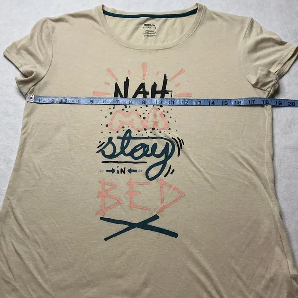 Reebok Womens Nah Ma Stay‎ In Bed Graphic T-Shirt Tan Beige Short Sleeve Medium - Image 3