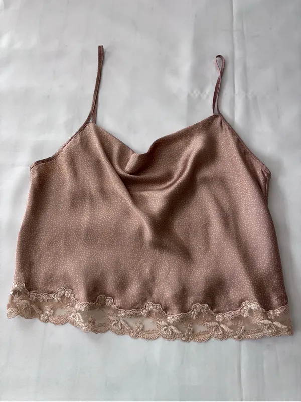 Vintage Victoria's Secret Y2K Satin Cowl Neck Cami Top Lace Trim Mauve Size L - Image 2