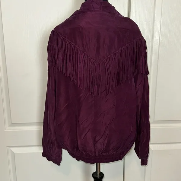 Vtg Silk Dark Purple Fringe Windbreaker Zip Up Jacket - Image 2
