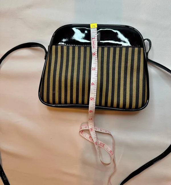 Designer Originals Vintage Fendi-Inspired Black/Tan Striped Neoprene Pequin Crossbody Purse - Image 9