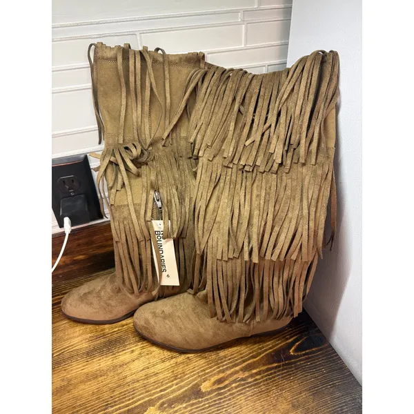 No Boundaries Tan Tall Faux Suede Fringe Boots Size 6 - Image 2