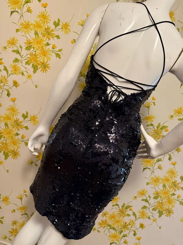Sequined mini dress black size M Black Sequin V-Neck Lace-Up Short Party Dress - Image 5