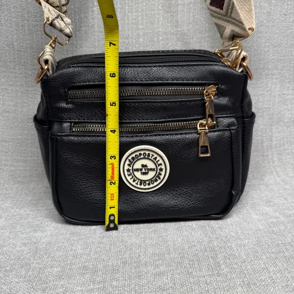 Aeropostale Crossbody Bag‎ Black Faux Leather Guitar Strap Messenger Purse Small - Image 5