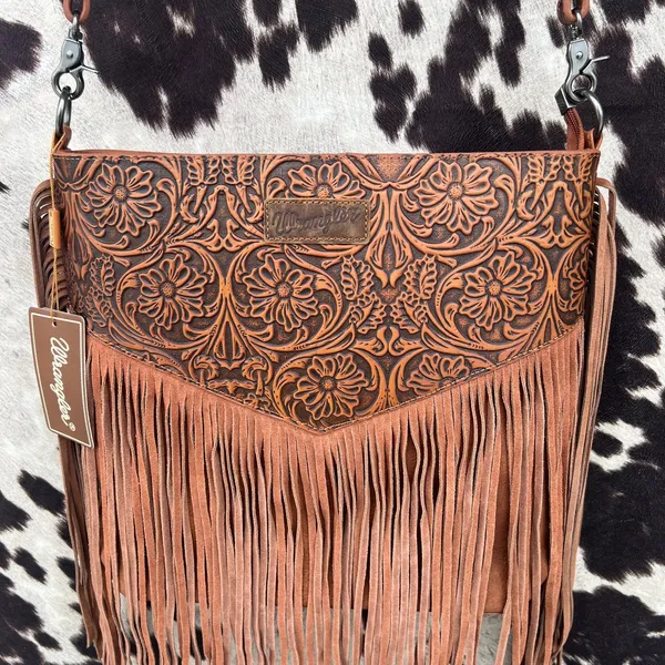 Wrangler Tooled Leather Cross Body Brown Fringe LARGE NWT floral western purse - Image 5