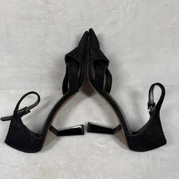 Franco Sarto Black Glitter Square Toe Strappy Ankle‎ Strap Sandals Heels 7.5 - Image 11