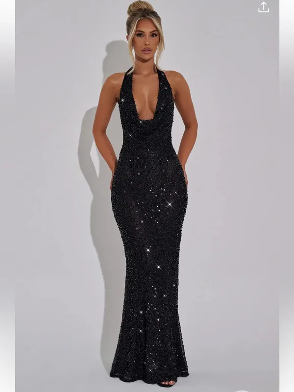 Babyboo Lorena Sequin Cowl Halter Lined Maxi Dress Black Large - Image 5