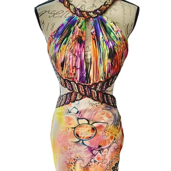 Dave and Johnny Long Flowy Unique Designer Prom Dress With Beaded Cut Out Details - Image 2