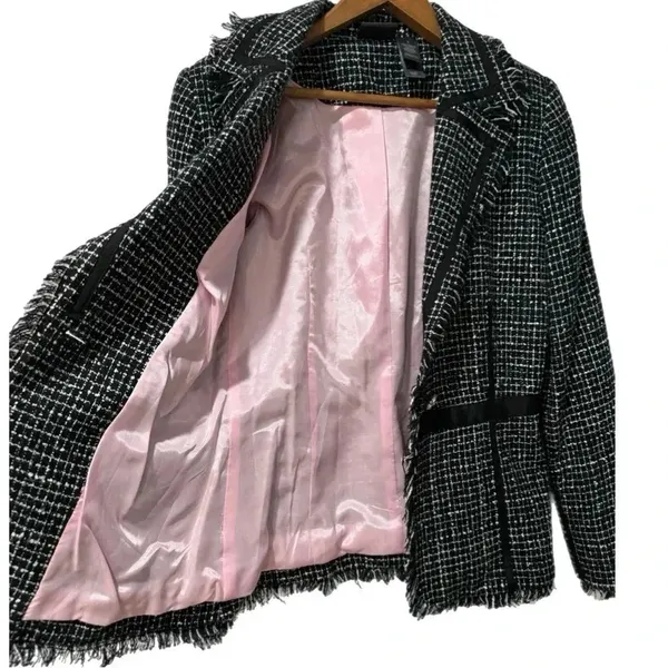 BISOU BISOU Michelle Bohbot Tweed Fringe Black Blazer Jacket Women’s Sz 6 Small - Image 13
