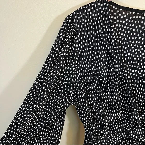 Zara Pleated Surplice V Neck Faux Wrap Blouse Top Polka Dots Long Sleeves Medium - Image 6