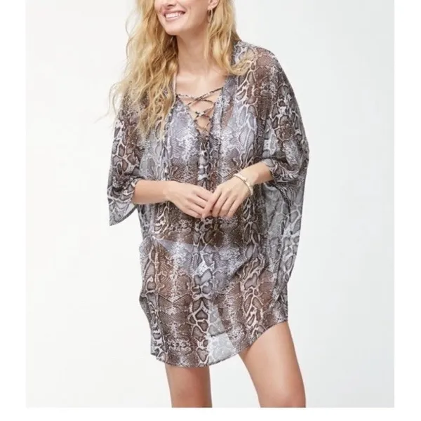 Tommy Bahama Top XL Cover‎ Up Beach Pool Animal Print Lace Up Long Chic Sheer - Image 3
