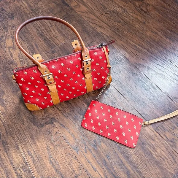 Dooney & Bourke • Domed Satchel purse bag Burning Red initials canvas wristlet - Image 2