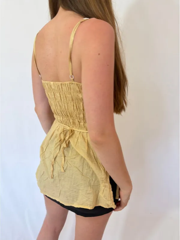 Pale Yellow Button Detail Pink Trim Tie Back Y2k Tank Top - Image 8