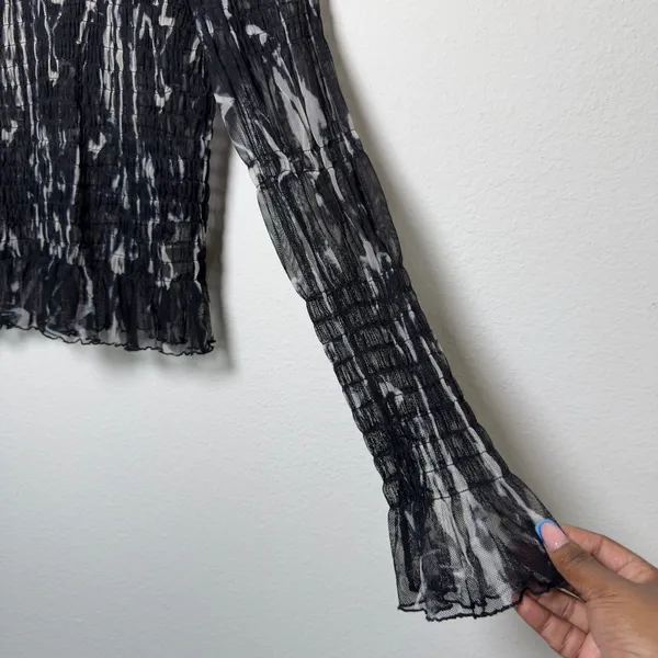Free‎ People Women Whimsigoth Nylon Mesh Top Large Black Abstract Smocked Party - Image 6