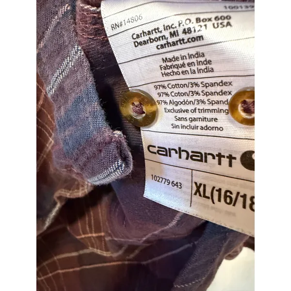 Carhartt Flannel Shirt Womens XL Maroon Navy Blue Plaid Button Down Long Sleeve - Image 9