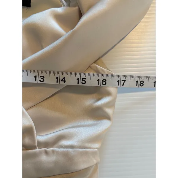 Lulus Champagne Satin Off Shoulder Wrap Ruched Waist Asymmetrical Hem Dress M‎ - Image 6