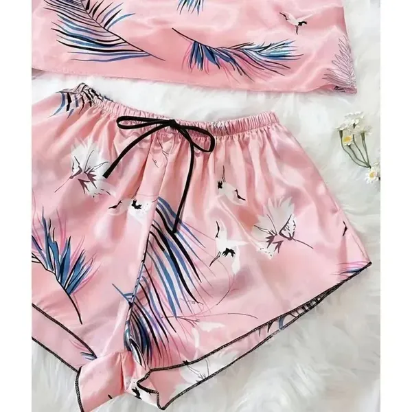 Bohemian Retro Plant Print Pajama Set, V Neck Cami Top & Short SZ L # 1636 - Image 4