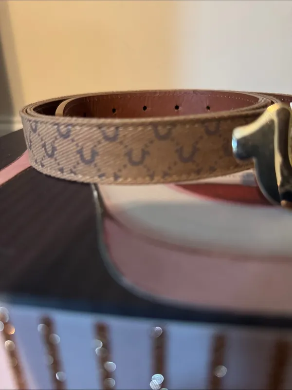 True Religion Brown Monogram Leather Men's Belt with Silver Horseshoe Buckle - Image 2