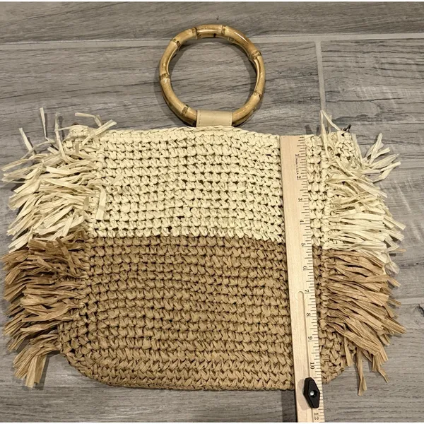 Boho Straw Crossbody Bag Bamboo‎ Handle Fringe Tote Beach Purse Two Tone Chic - Image 8