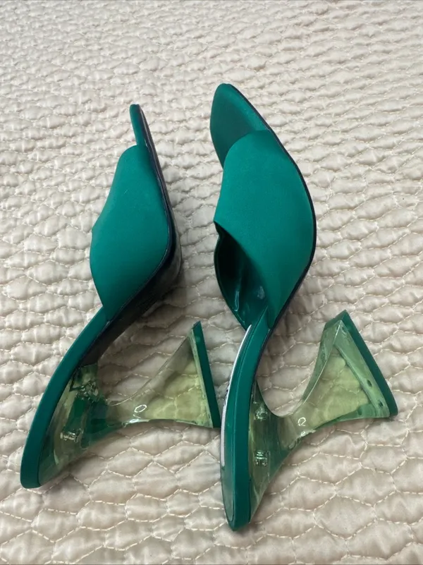 Zara Women’s Green Satin Strap Slides Square Front Chunky Block Acrylic Heel 39 - Image 9