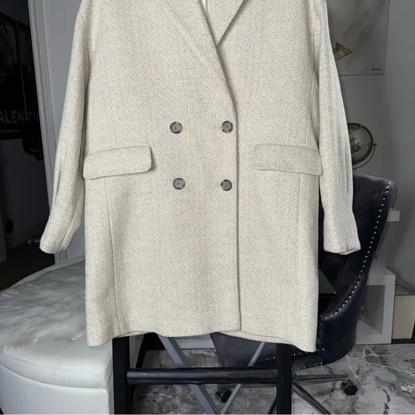 Mango Wool Blend Herringbone Double Breasted Coat Neutral Beige Medium New NWT - Image 8