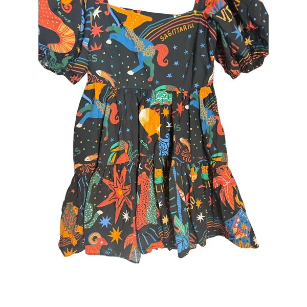 Farm Rio Zodiac Print Black Puff Sleeve Square Neck Babydoll Mini Dress Size M - Image 9
