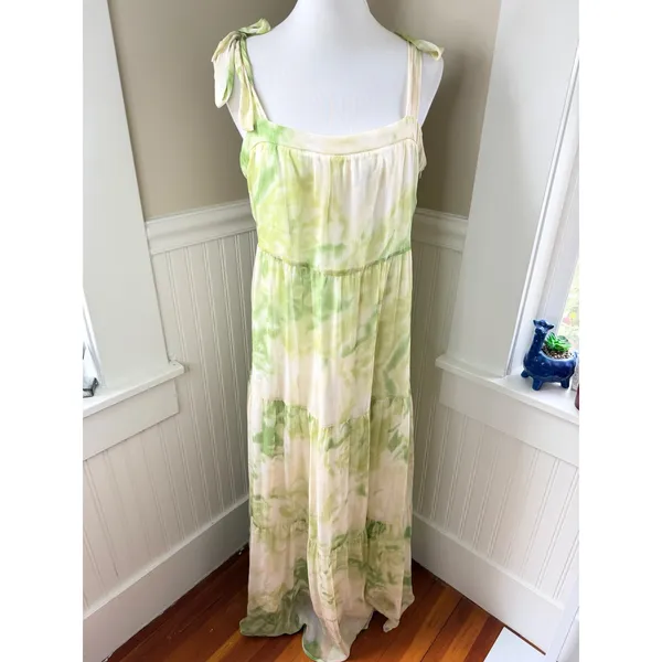 Line & Dot Green Tie Dye Tiered Maxi Dress Tie Strap Large Cottagecore Summer - Image 3