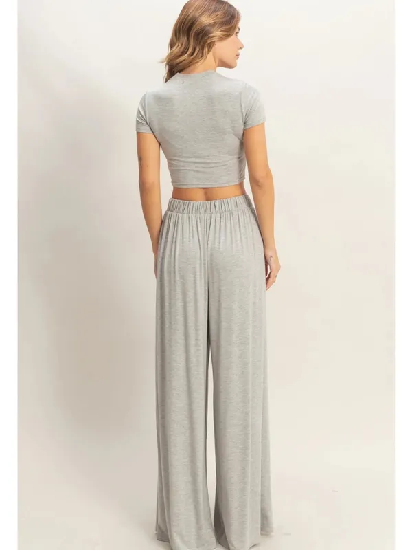 HYFVE Heather Gray Wide Leg Lounge Set Large 2 Piece Crop Top Pants - Image 5
