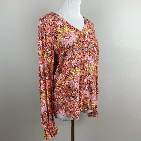 Ann Taylor LOFT Blouse Womens Small Floral Multicolor‎ V-Neck Long Sleeve Top - Image 4