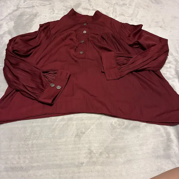 By Anthropologie Burgundy Ruffle Shoulder Peasant Blouse Long Bishop Sleeve XL - Image 2