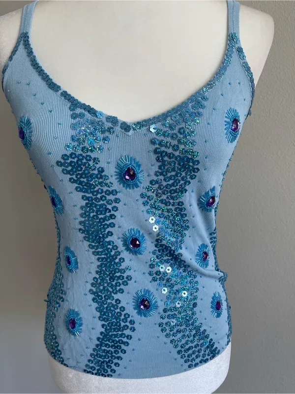 Sequined Light Blue Spaghetti Strap Tank Top Size M - Image 2