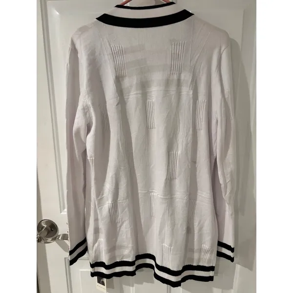LOMON White Open Front Cardigan‎ Black Trim Gold Buttons Sz M Nautical Casual - Image 6