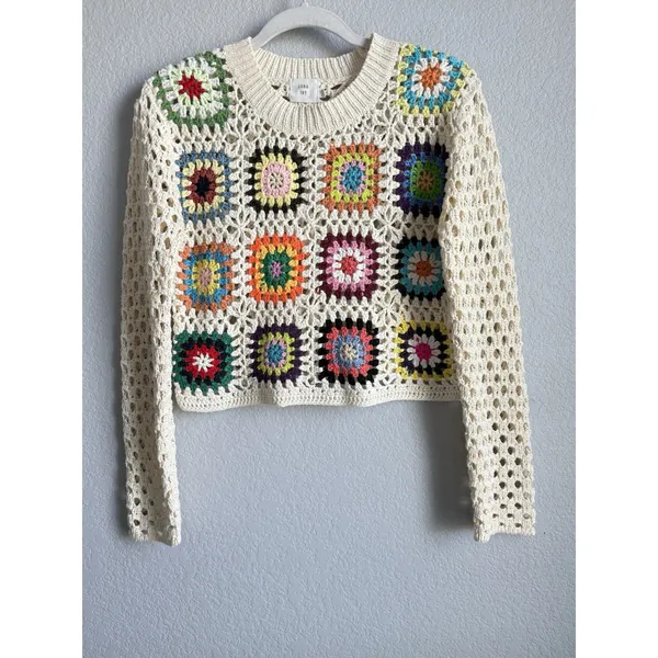 Luna Ivy Crochet Sweater Crop Granny Knit Top Cottagecore Boho Patchwork Small - Image 7