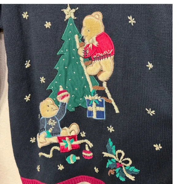 Nutcracker Black Christmas Sweater Teddy Bears Decorating Tree Holiday Knit M Size M - Image 3