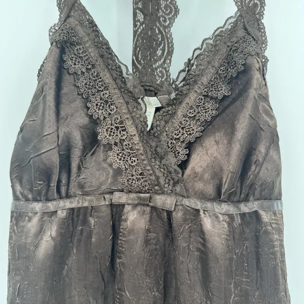 Vintage Y2K Satin Lace Babydoll Top Sz M Brown Coquette Lace Trim Fairy Romantic - Image 5