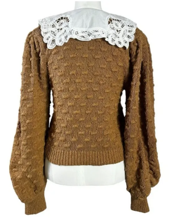 Anthropologie Cottage Balloon Sleeve Battenberg Lace Collared Cardigan Sweater L - Image 7