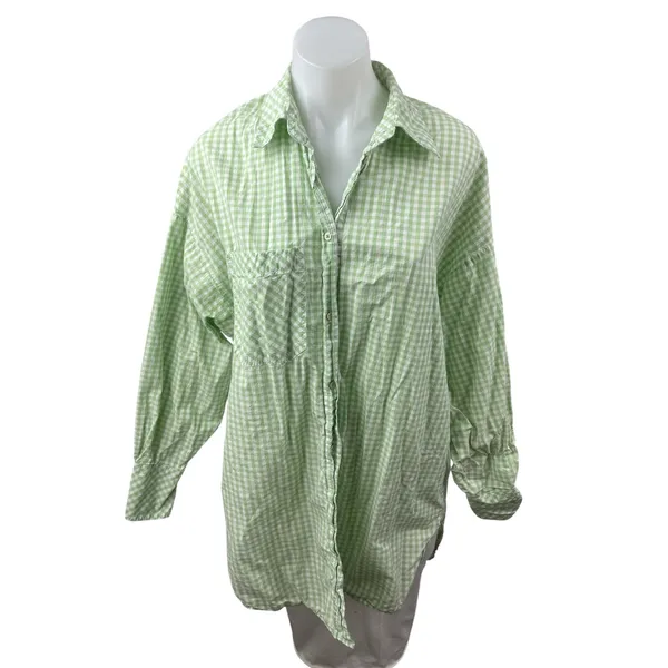 Stradivarius Green Gingham Check Collared Long Sleeve Button Down Shirt Top Sz S - Image 2