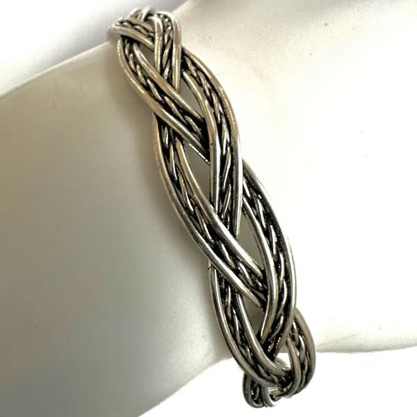 Silver tone braided bangle bracelet - Image 5