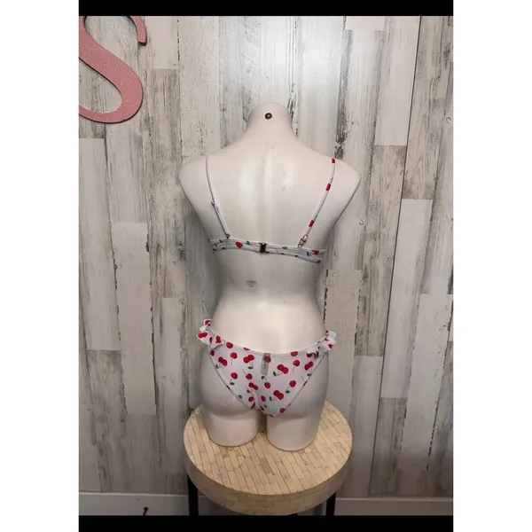 Cherry Print Bikini Set Women's Two Piece Ruffle Bottoms Adjustable Straps Size White - Image 4
